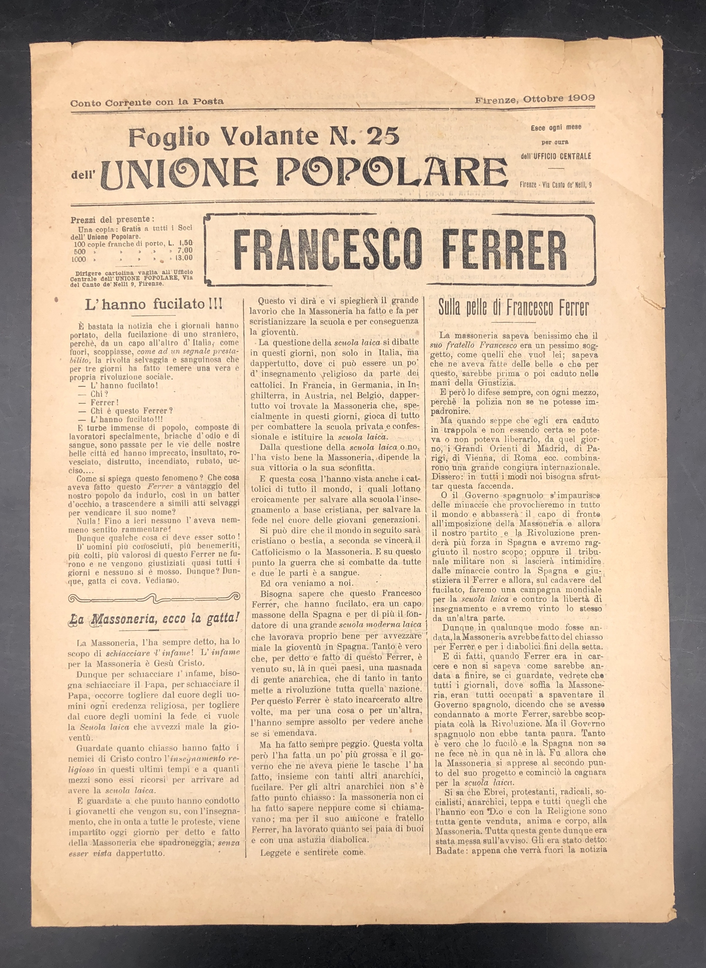 FRANCESCO FERRER. Foglio volante N. 25 dell'UNIONE POPOLARE. Firenze, Ottobre …