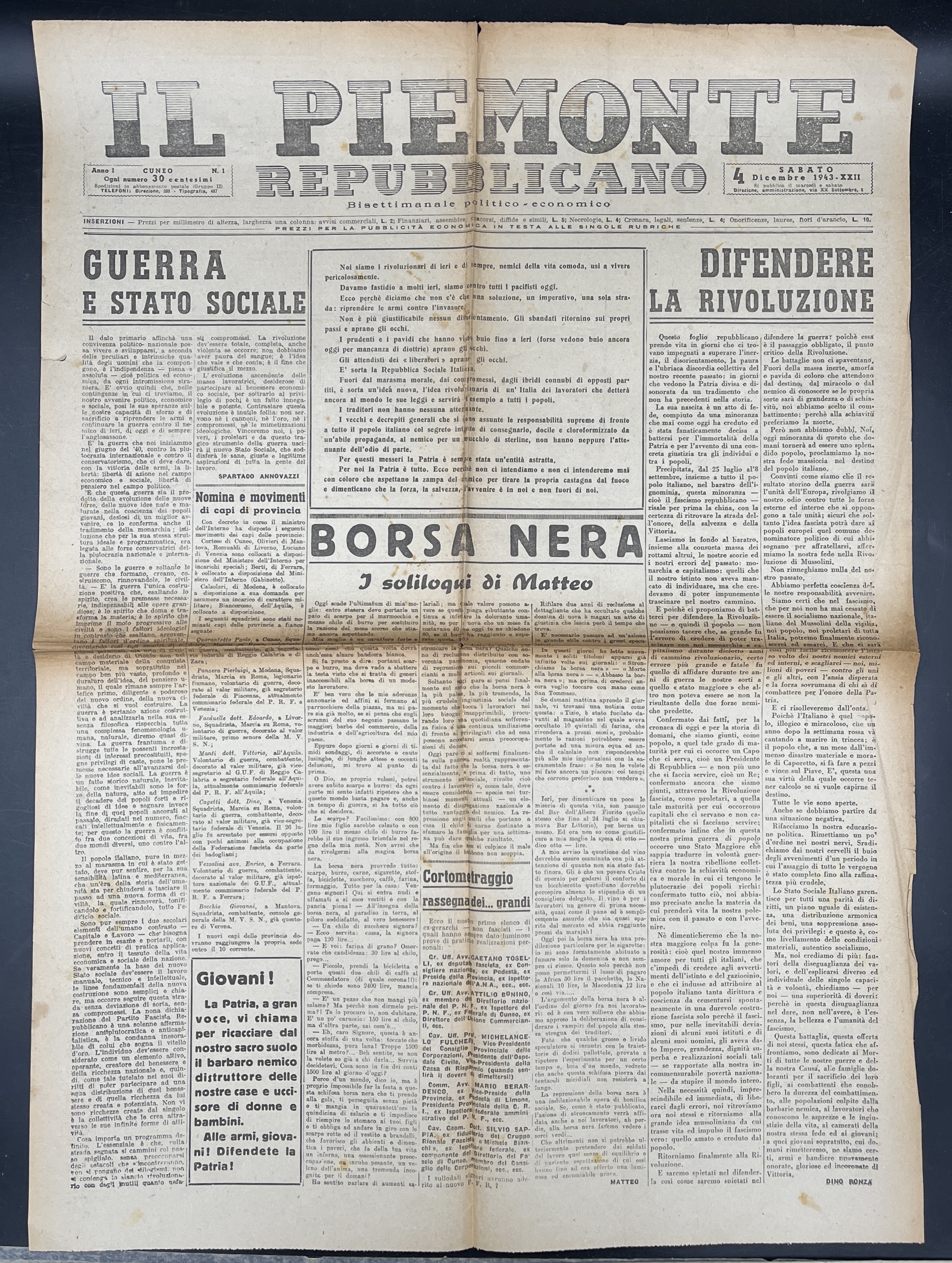 IL PIEMONTE REPUBBLICANO. Bisettimanale politico - economico. Anno 1, n. …