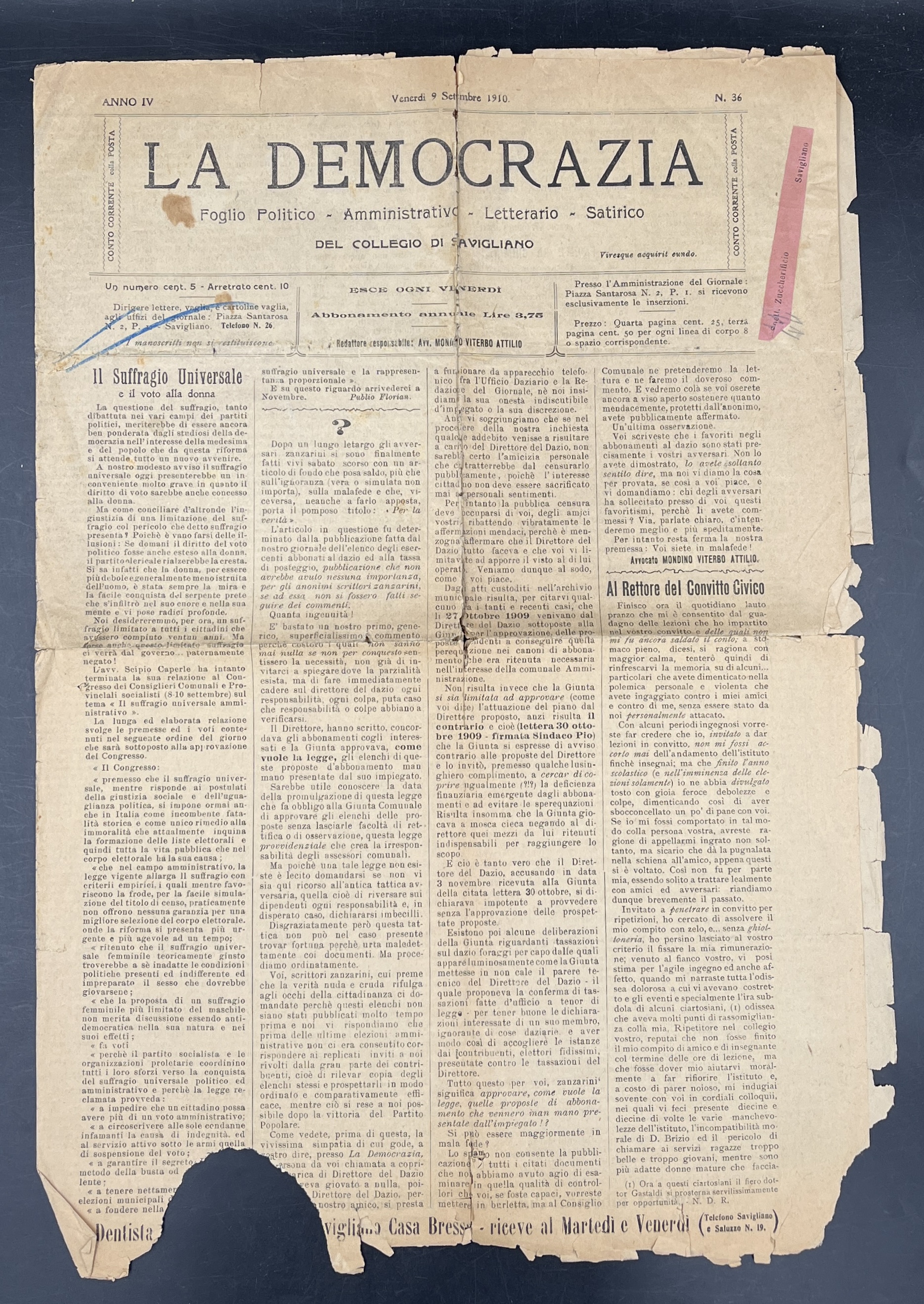 La DEMOCRAZIA. Foglio Politico Amministrativo letteraraio Satirico del Collegio di …