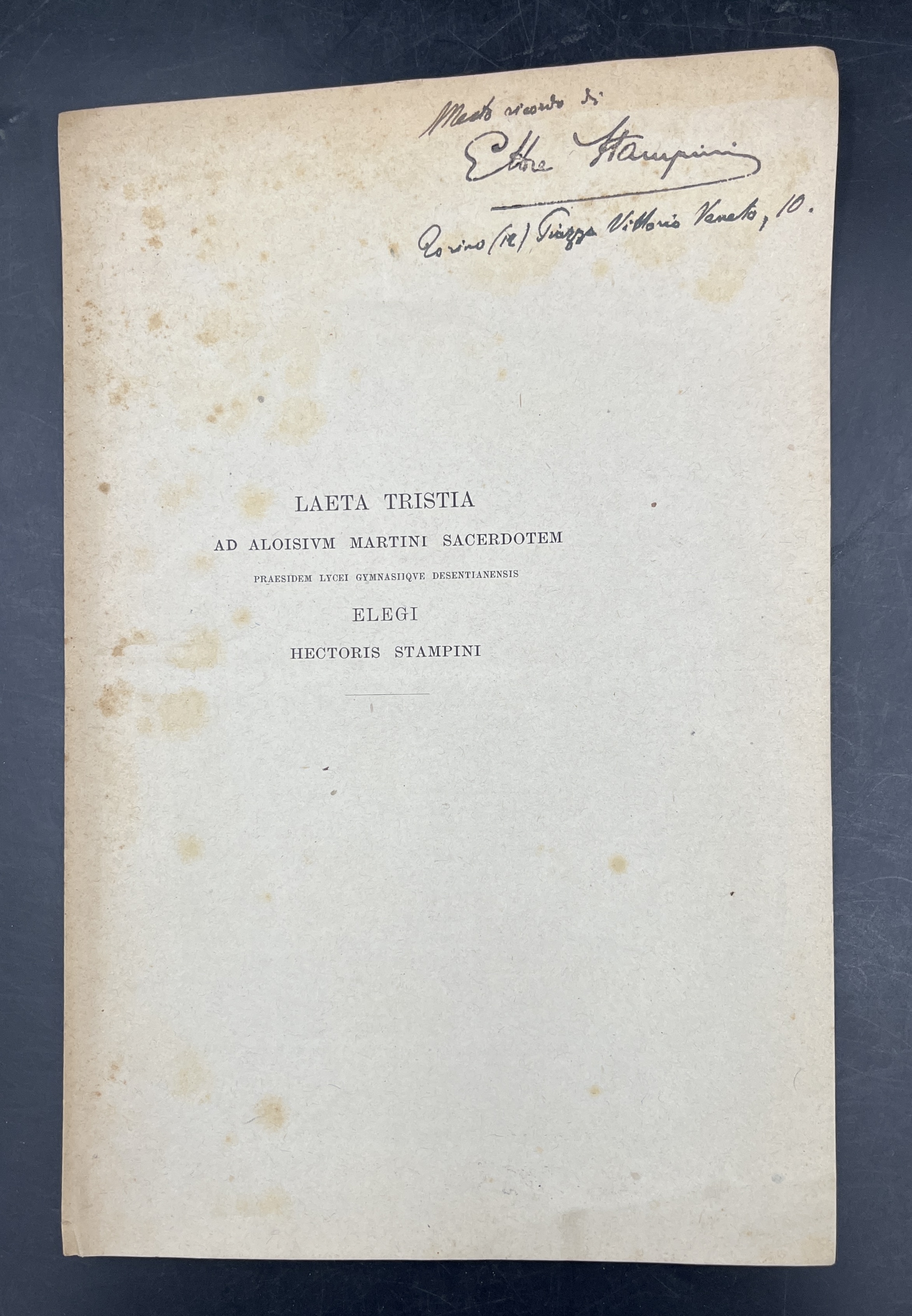 LAETA TRISTIA ad Aloisium Martini sacerdotem elegi Hectoris Stampini.