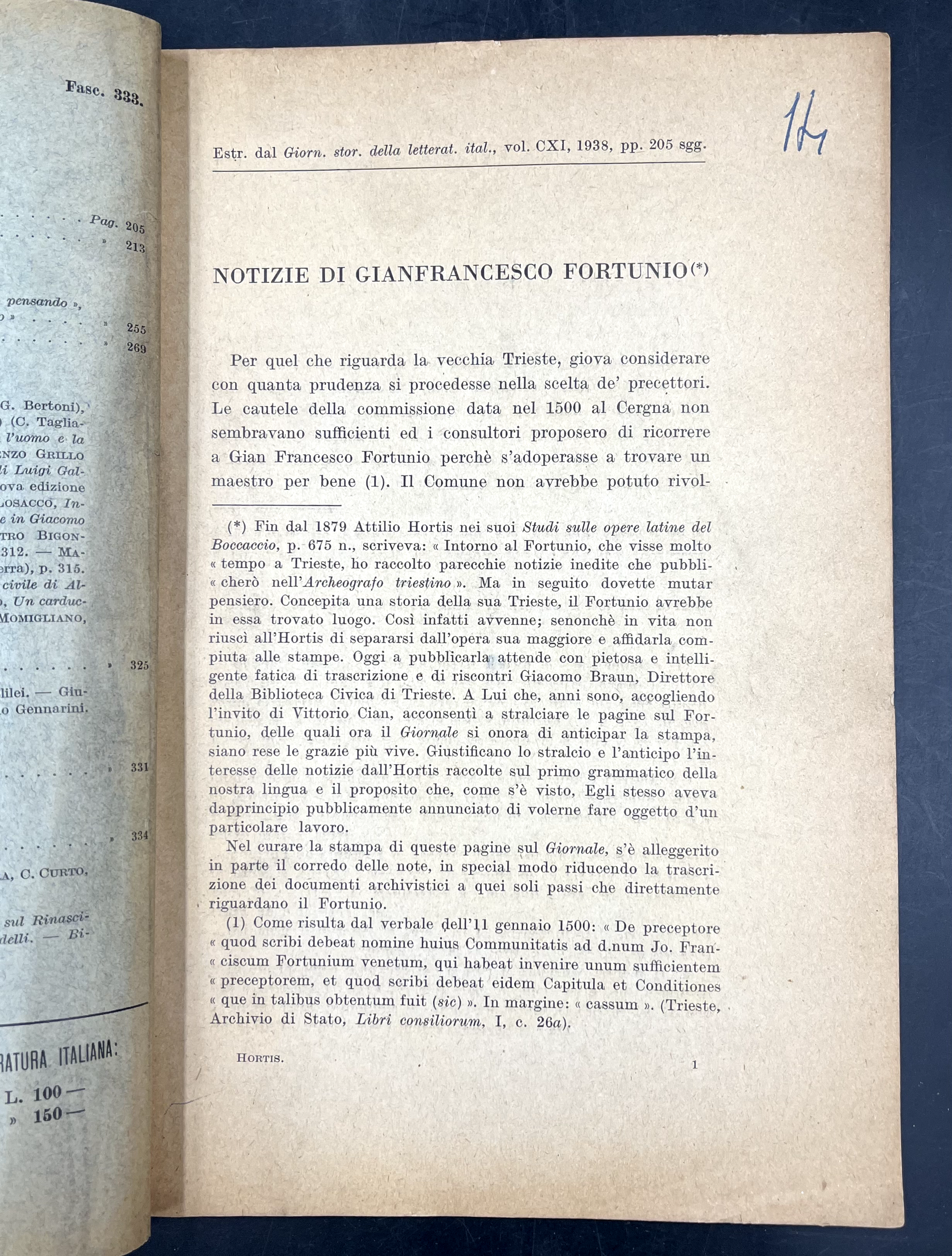 Notizie di Gianfrancesco FORTUNIO. Estratto orig. da Giornale Storico della …