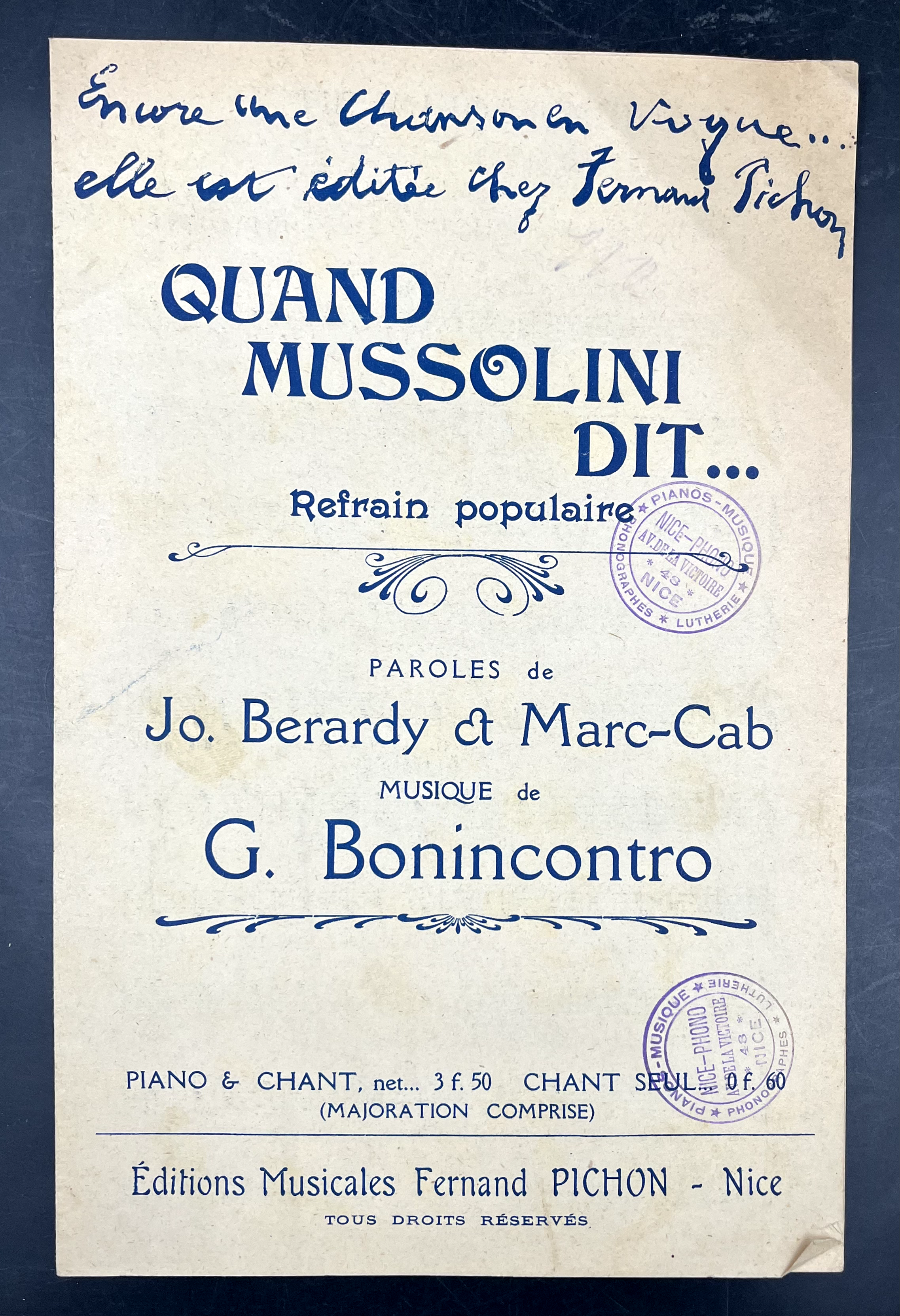 Quand MUSSOLINI DIT. Refrain populaire. Piano & Chant [satira canora …