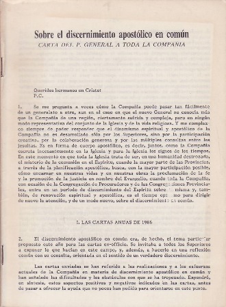 Sobre el discernimiento apostólico en común. Carta del P. General …