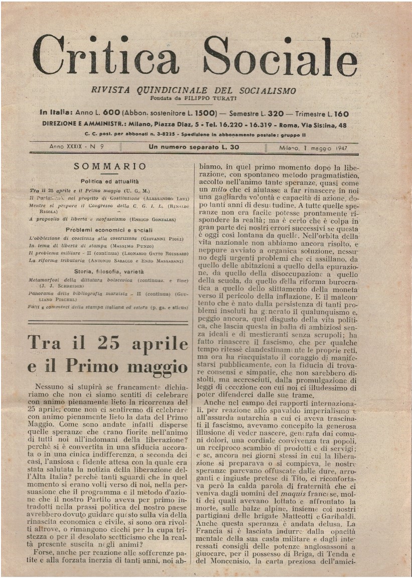 Critica sociale rivista quindicinale del socialismo. Fondata da Filippo Turati