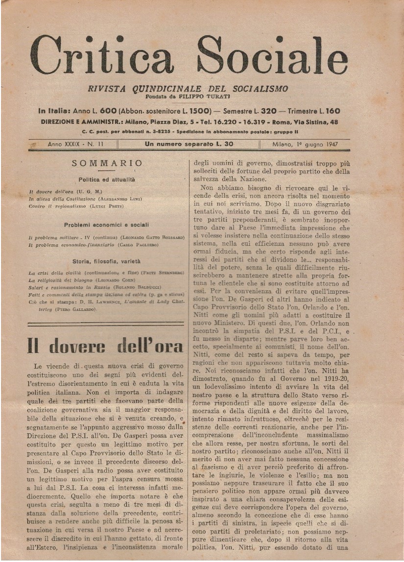 Critica sociale rivista quindicinale del socialismo. Fondata da Filippo Turati