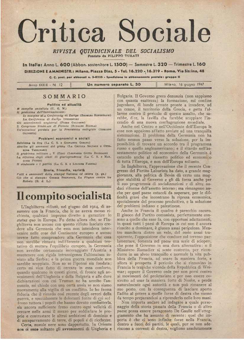 Critica sociale rivista quindicinale del socialismo. Fondata da Filippo Turati