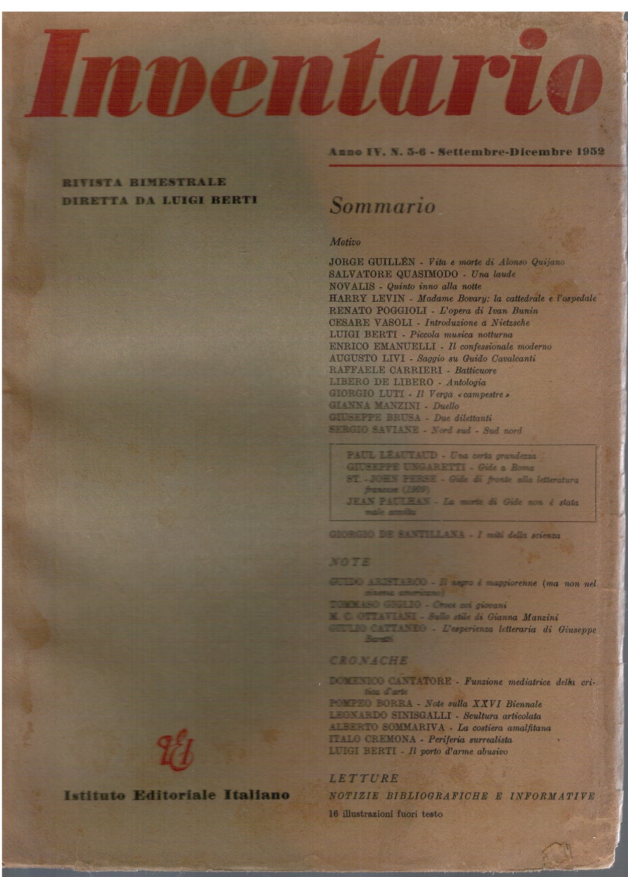 Inventario Anno IV N. 5-6 Settembre-Dicembre 1952
