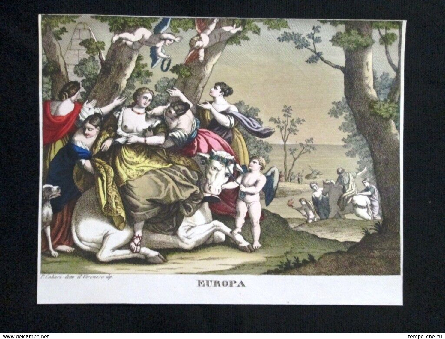 Allegoria dell'Europa Incisione colorata a mano del 1820 Mitologia Pozzoli
