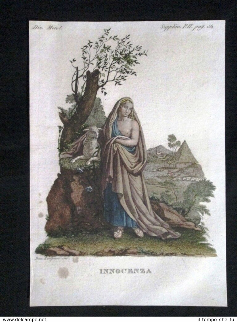 Allegoria dell'Innocenza Incisione colorata a mano del 1820 Mitologia Pozzoli