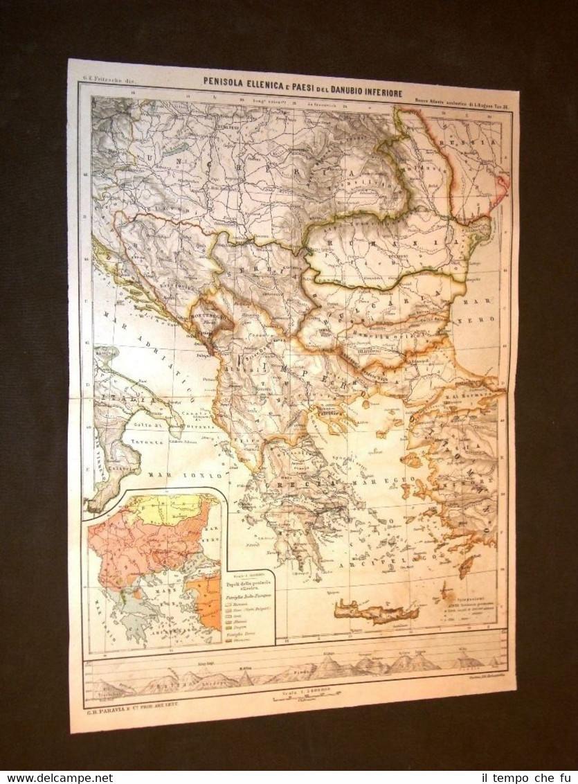 Antica carta geografica o mappa fine '800 Ancient map Penisola …
