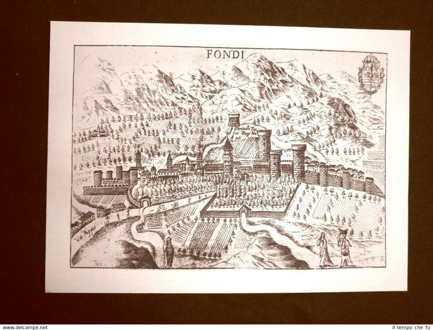 Antica veduta della città di Fondi Incisione del 1616 Ristampa