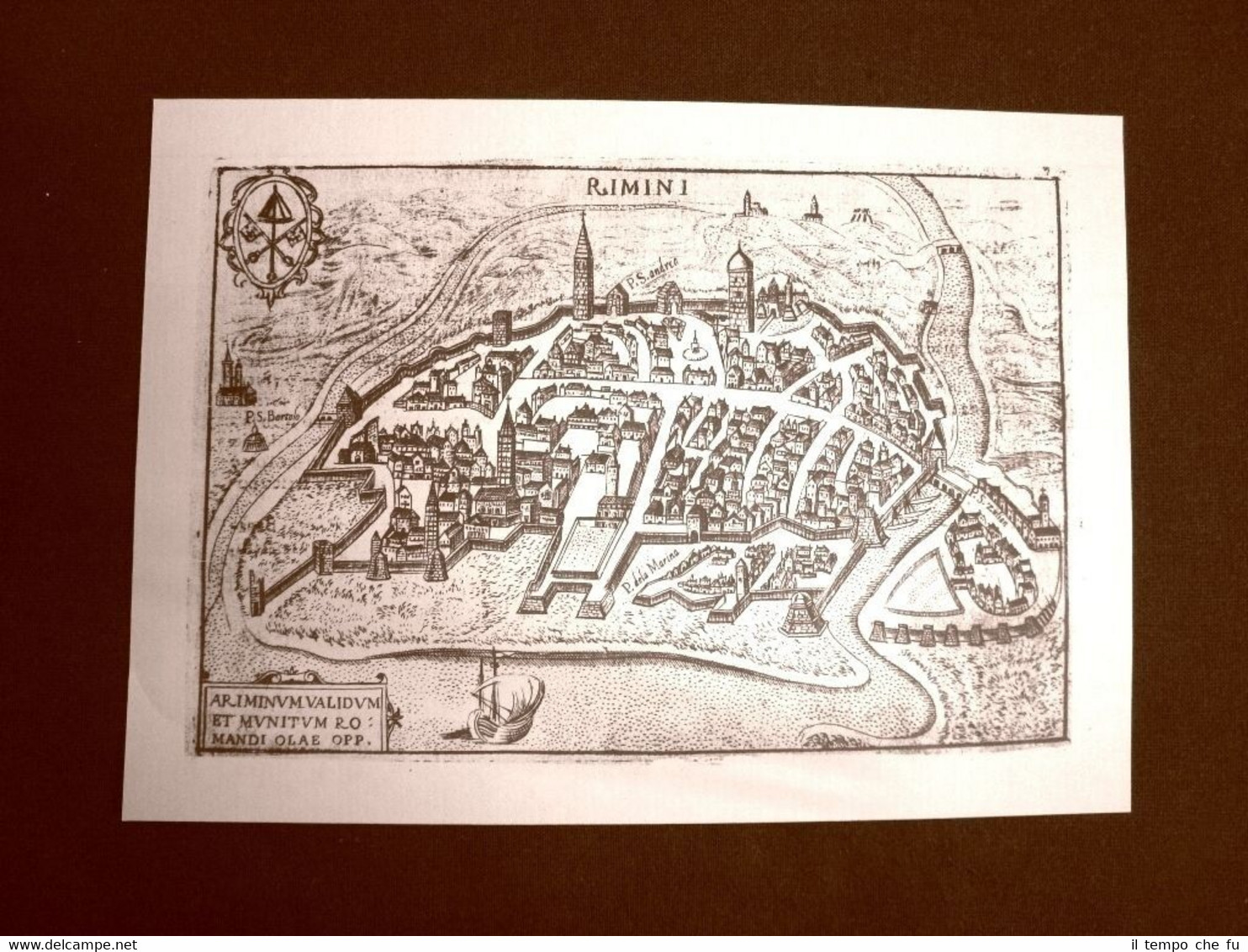 Antica veduta della città di Rimini Incisione del 1616 Ristampa