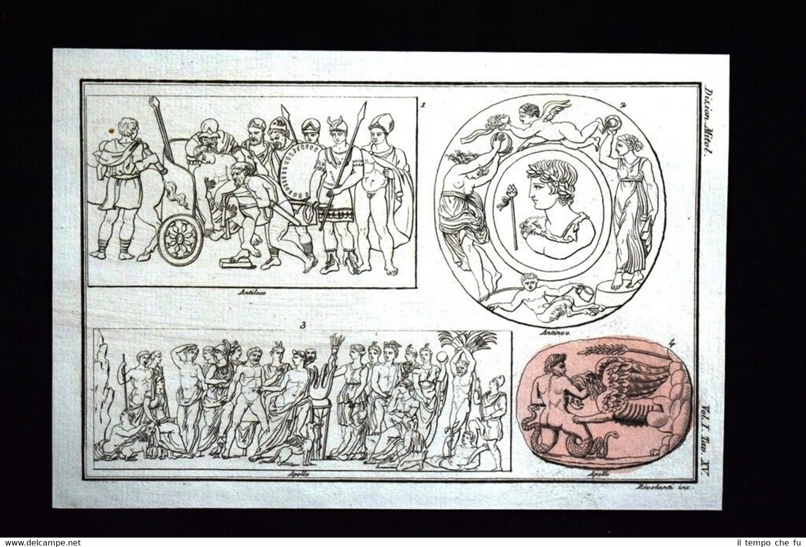 Antiloco, Antinoo, Apollo Incisione colorata a mano del 1820 Mitologia …