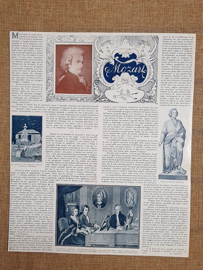 Articolo su Wolfgang Amadeus Mozart di A. Lenzoni del 1931