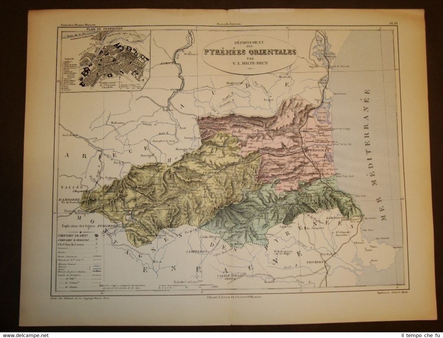 Carta, cartina, mappa del 1840 Pyrénées Orientales Perpignan Francia Malte …