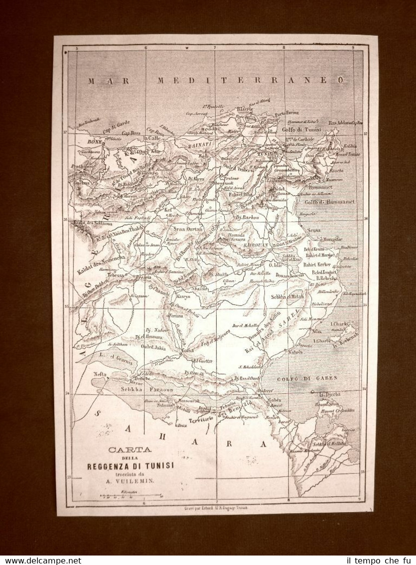 Carta cartina mappa del 1863 Reggenza di Tunisi Vuilemin + …