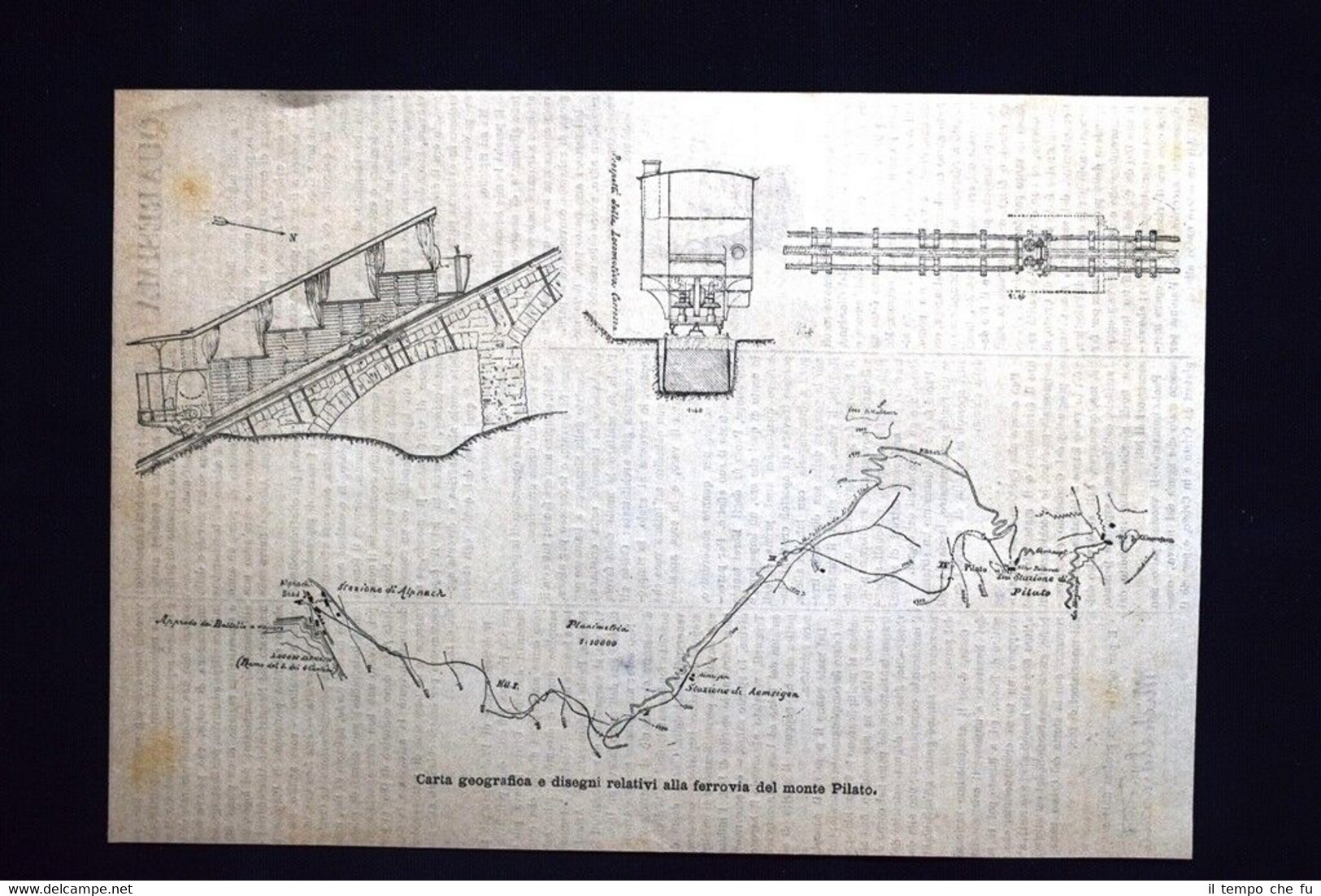 Carta geografica e disegni della ferrovia del monte Pilato Incisione …