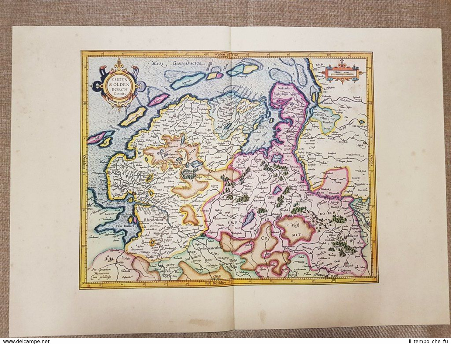 Carta geografica mappa Emden e Oldenborch Germania Anno 1595 Mercatore …