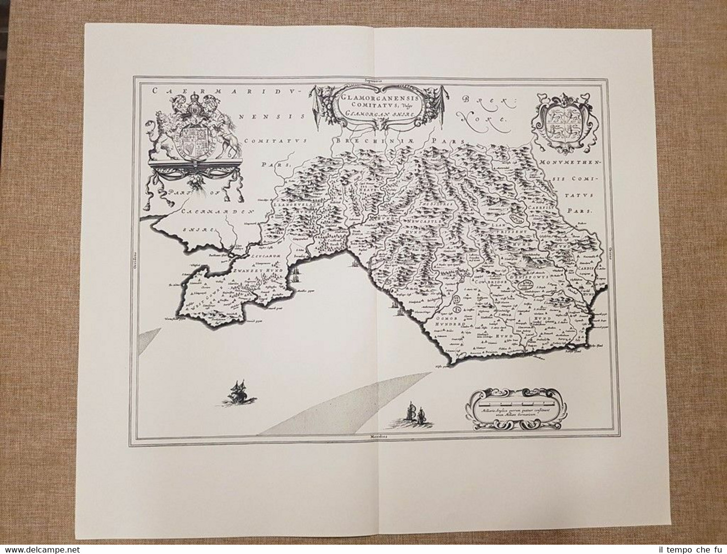Carta geografica Mappa Glamorganshire Galles Regno Unito del 1645 Blaeu …