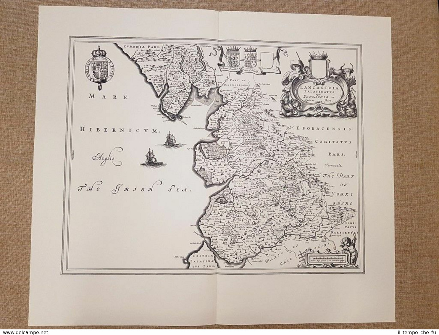 Carta geografica o Mappa Lancashire Inghilterra Anno 1645 J. Blaeu …