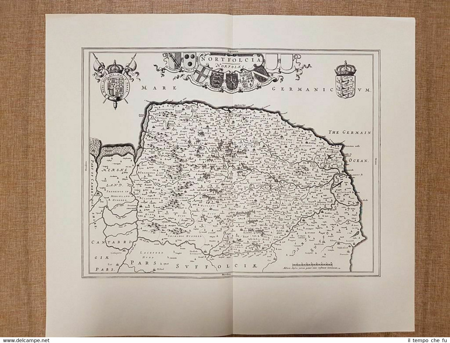 Carta geografica o Mappa Nortfolcia o Nortfolke Anno 1646 Janssonius …