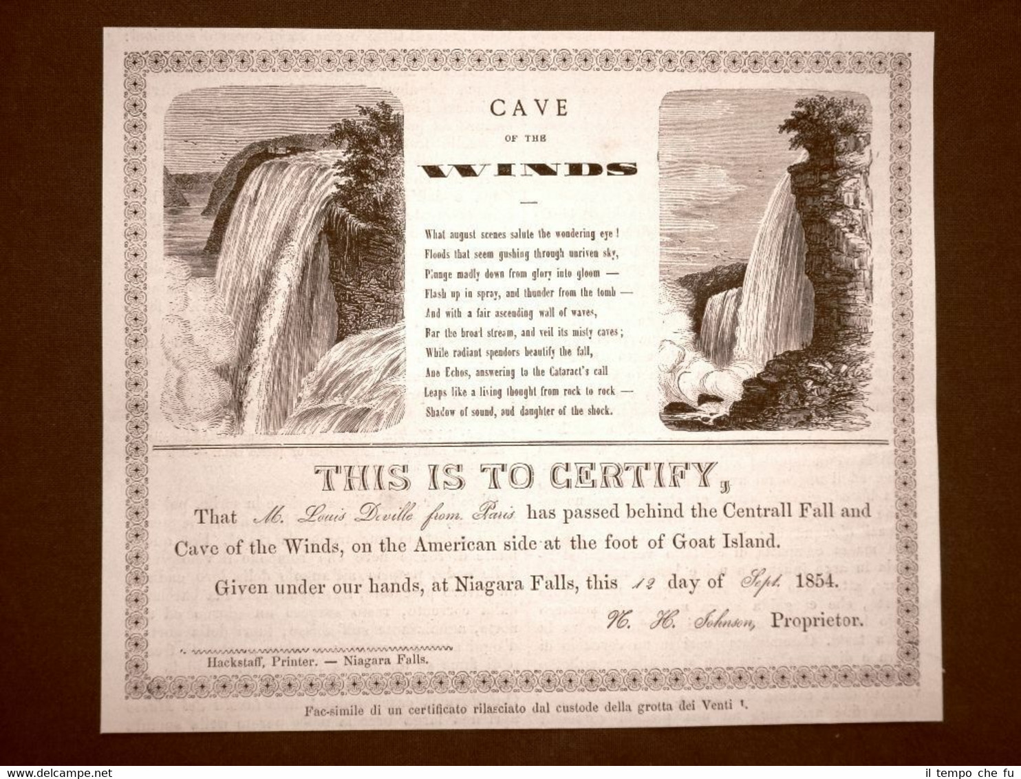 Certificato passaggio di Louis Deville nella Cave of the winds …