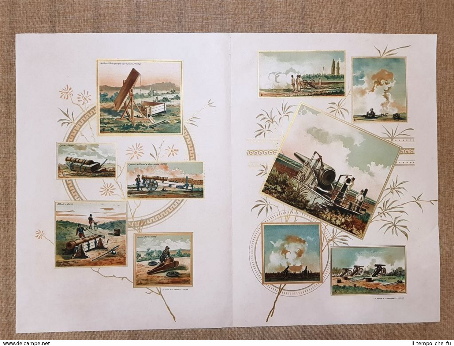 Composizione Primi affrusti e mortai dell'artiglieria italiana Stampa del 1895