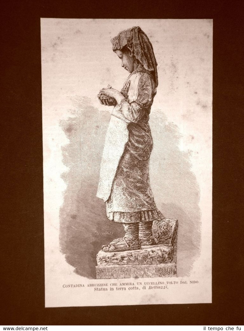 Contadina d'Abruzzo che ammira un uccello Statua terra cotta Belliazzi …