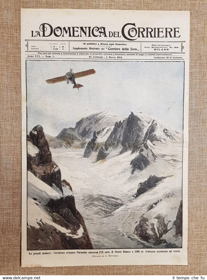 Copertina La Domenica del Corriere 1 marzo 1914 Aviatore Parmelin …