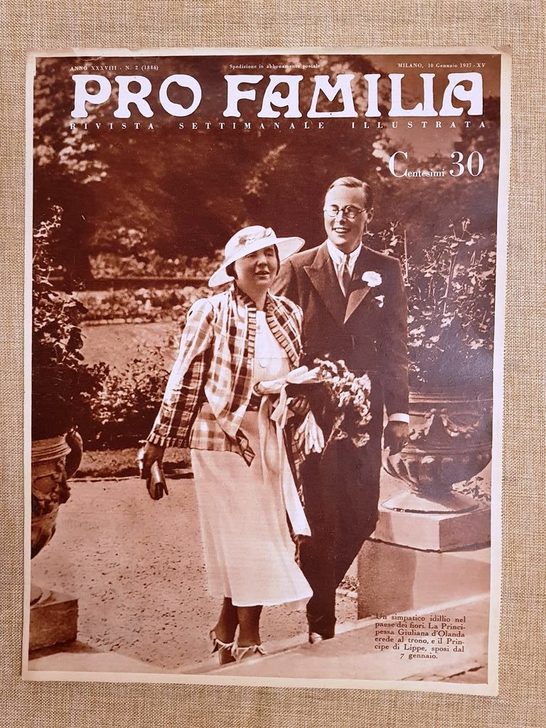 Copertina Pro Familia del 1937 Principessa Giuliana d'Olanda e Principe …