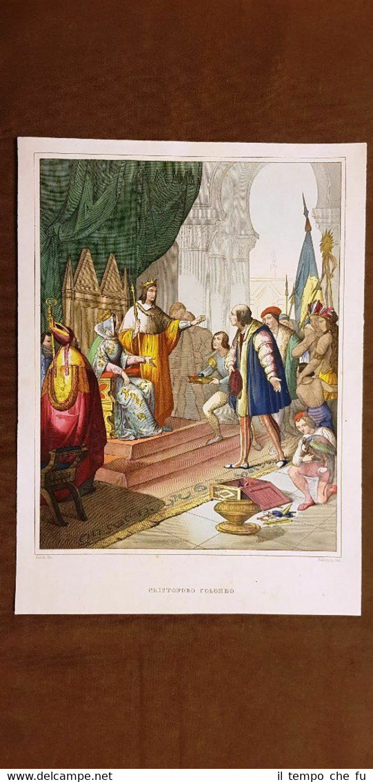Cristoforo Colombo Acquaforte acquerellata a mano del 1823 Costume Giu. …