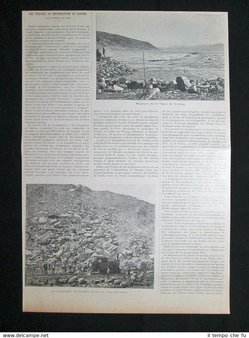 Danubio: Diga di Greben-Navi tagliaroccia-Trivelle Ingersoll Incisione del 1894