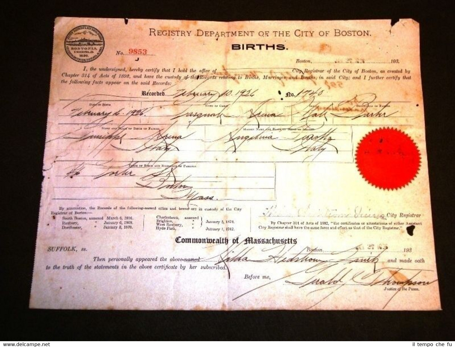 Documento d'Epoca Atto o Certificato di Nascita 9853 Boston del …