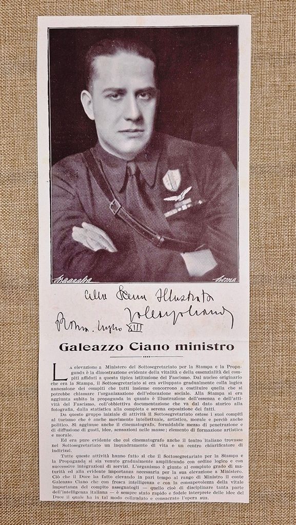 Elevazione Ministero Stampa e Propaganda Galeazzo Ciano Fascismo Stampa del …