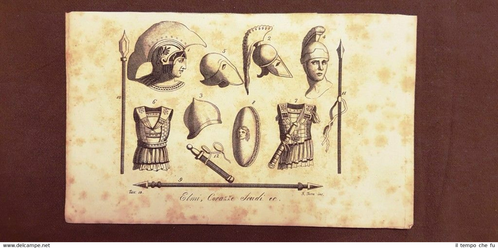 Elmi, corazze, scudi, etc Grecia Acquaforte 1830 Costume antico moderno …