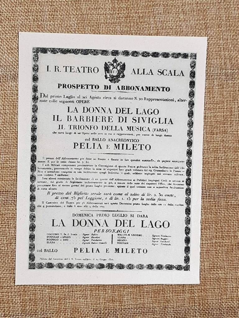 Facsimile Prospetto abbonamenti Teatro alla Scala Stagione estiva 1830 – …