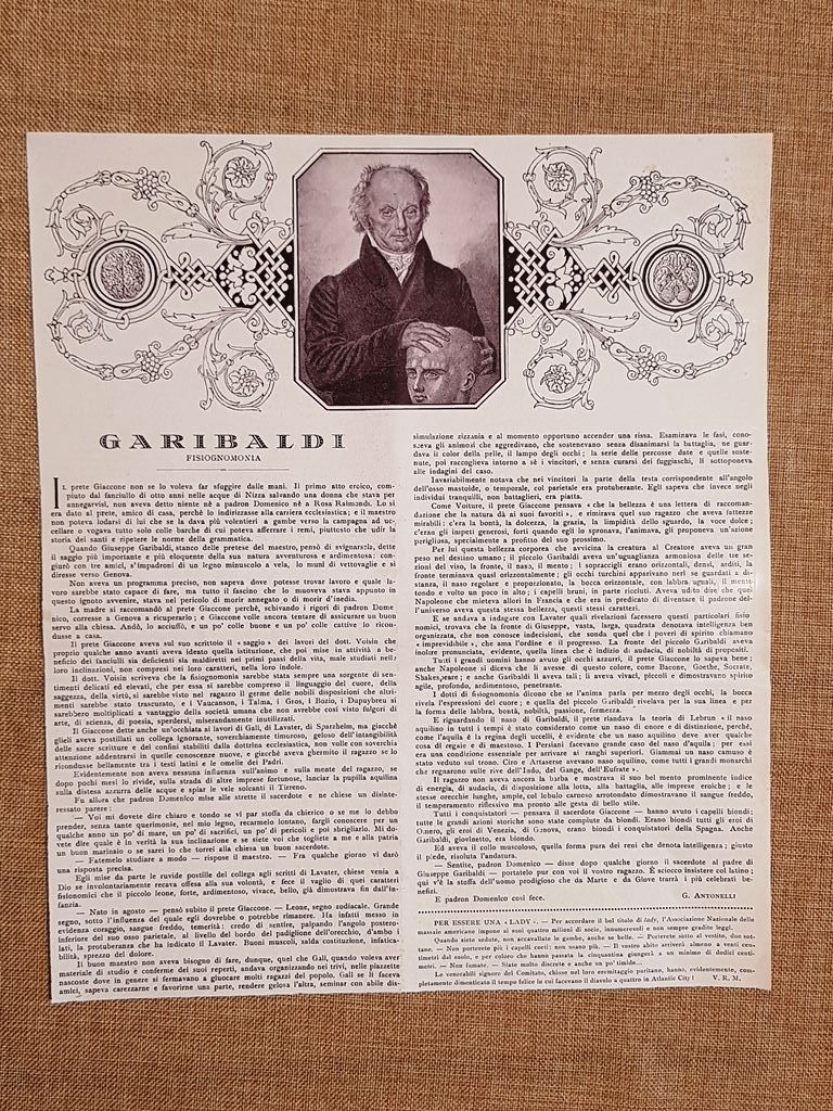 Garibaldi fanciullo Fisiognomica e destino Prete Giaccone Antonelli Stampa 1932