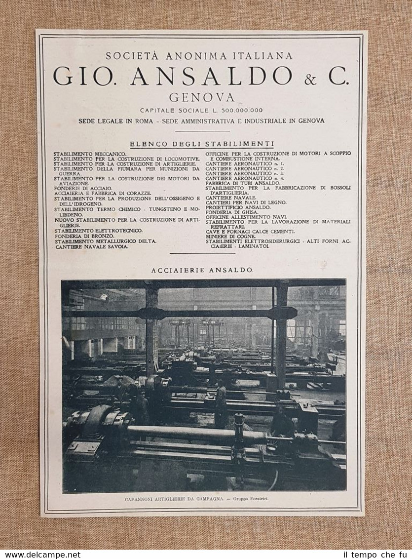 Gio.Ansaldo Genova Artiglieria e Ing.Zust Milano Piallatrice Pubblicità del 1918