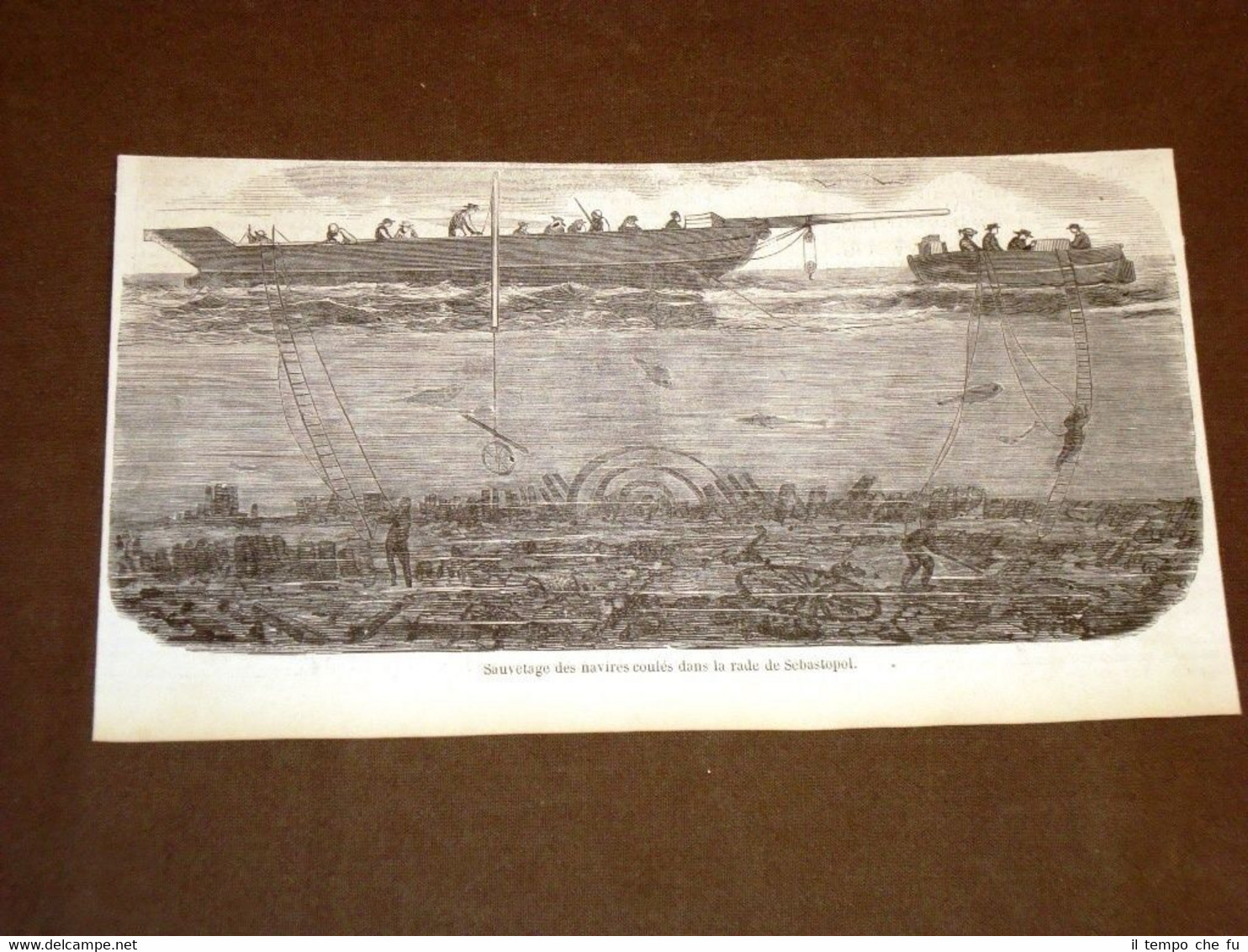Gravure année 1858 Sauvetage des navires coulés dans la rade …