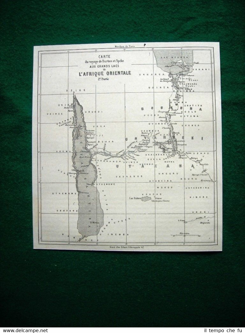 Gravure année 1860 carte du voyage de Burton et Speke …