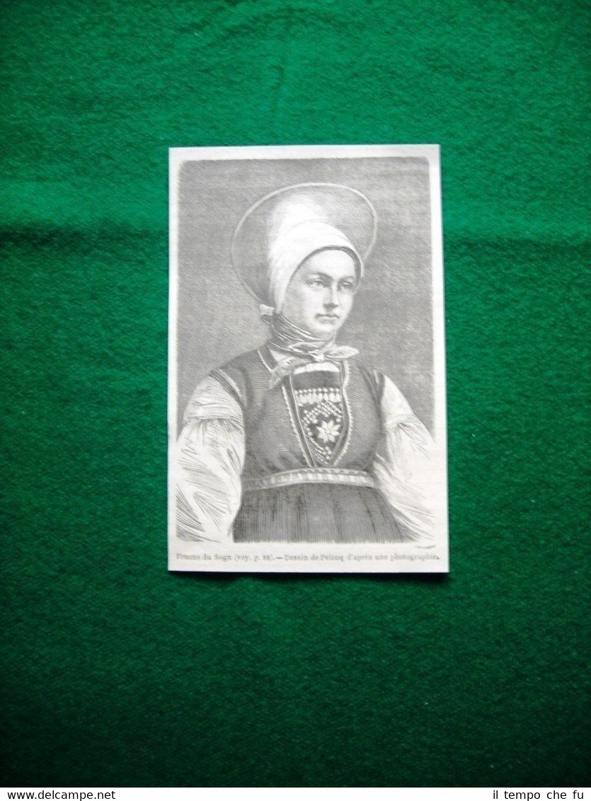 Gravure année 1860 femme du Sogn - moglie di Sogn