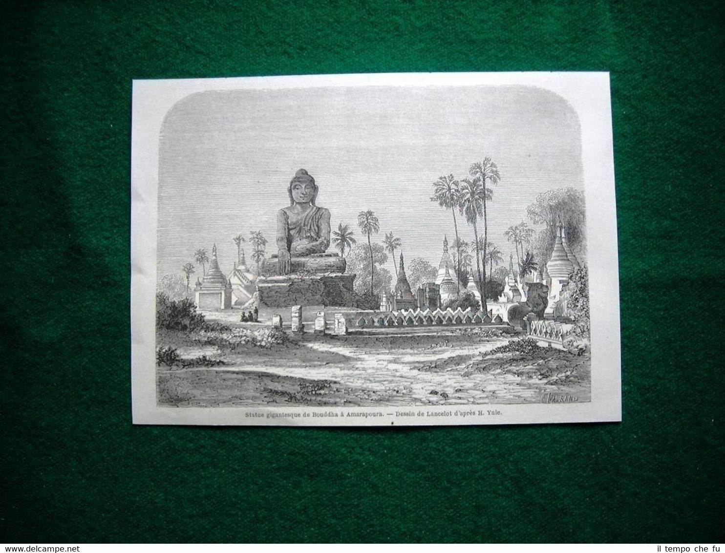 Gravure année 1860 statue gigantesque de Bouddha à Amarapoura, Birmanie