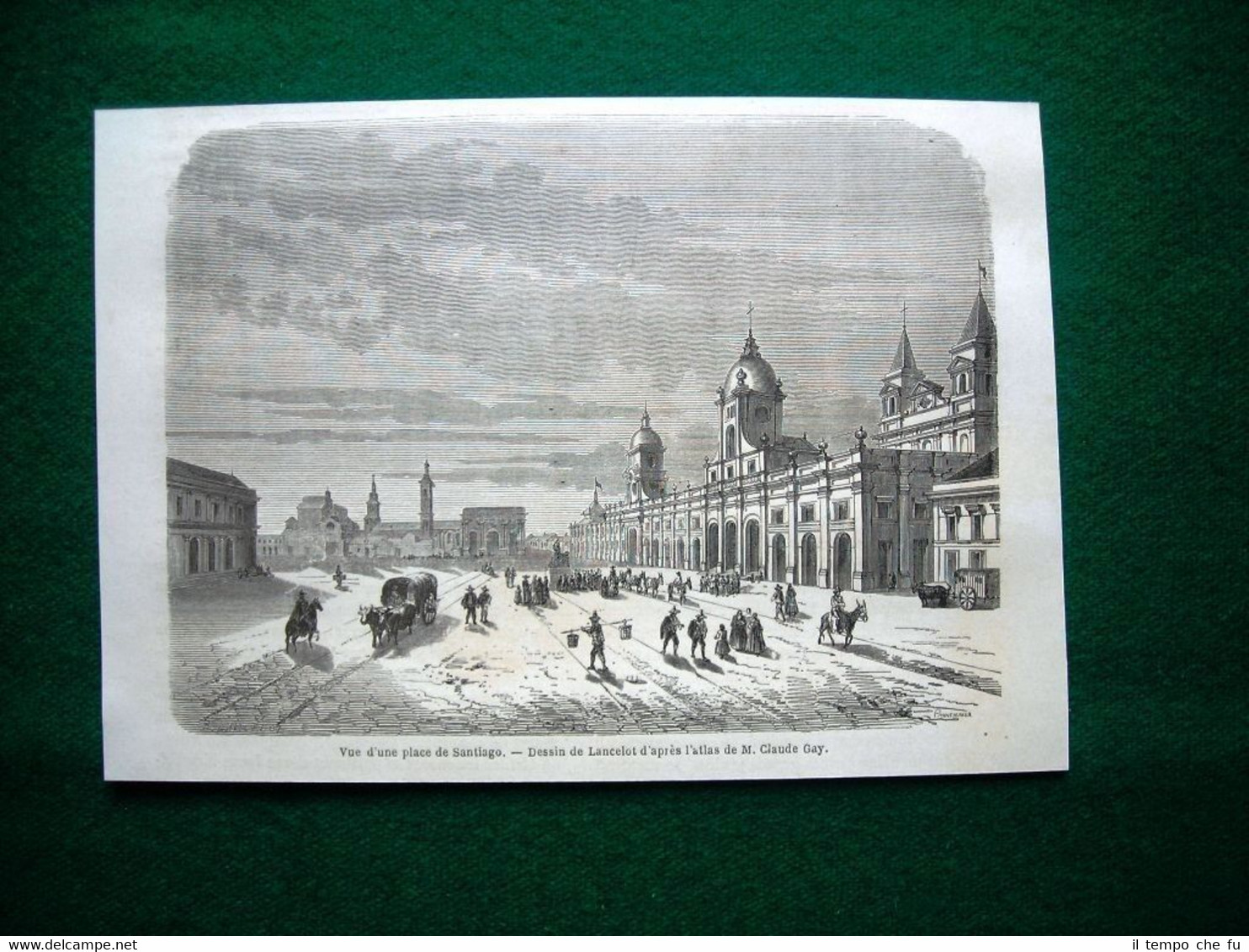 Gravure année 1860 vue d'une place de Santiago, Cile