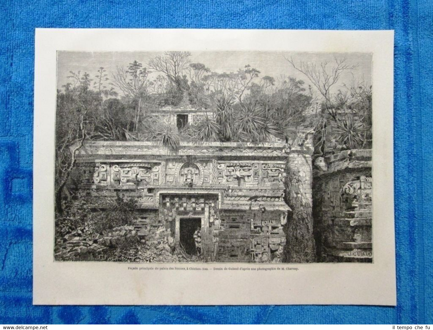 Gravure Année 1862 - Facade principale palais des Nonnes, Chichen-Itza …