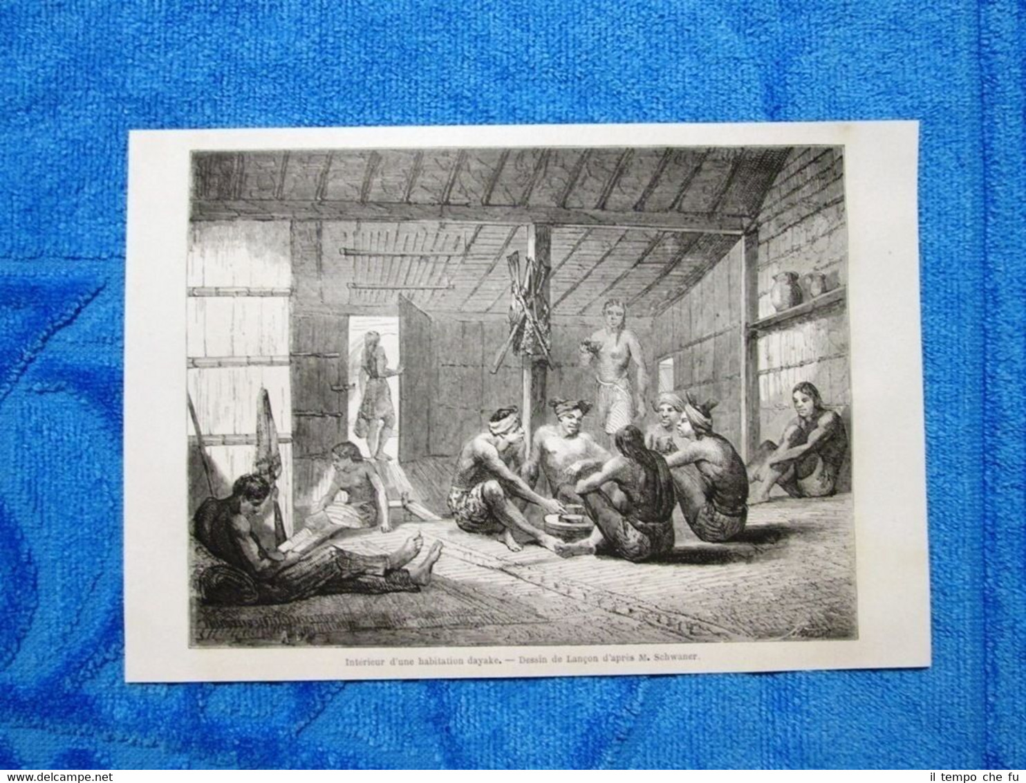 Gravure Année 1862 - Interieur d'une habitation dayake-Interno abitazione Dayak