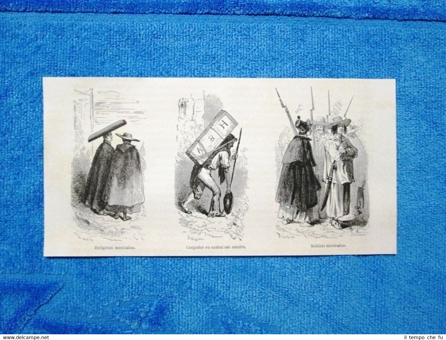 Gravure Année 1862 - Religieux, cargador et soldats mexicains