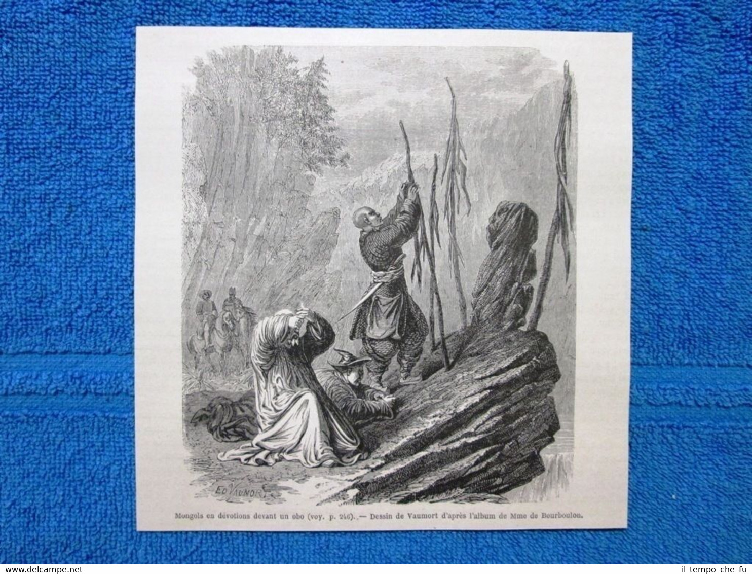 Gravure Année 1865 - Mongols en devotions devant un obo …