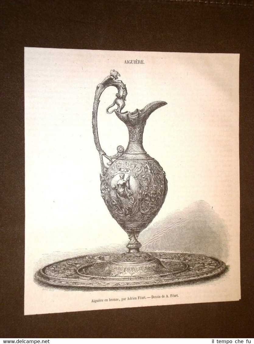 Gravure année 1872 Aiguière en bronze par Adrien Féart