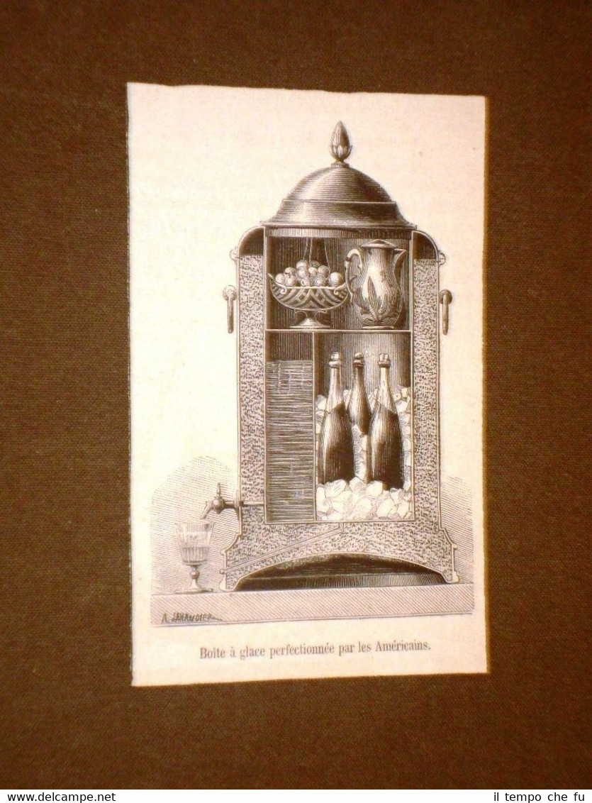 Gravure année 1872 Boite à glace perfectionnée par les Américains