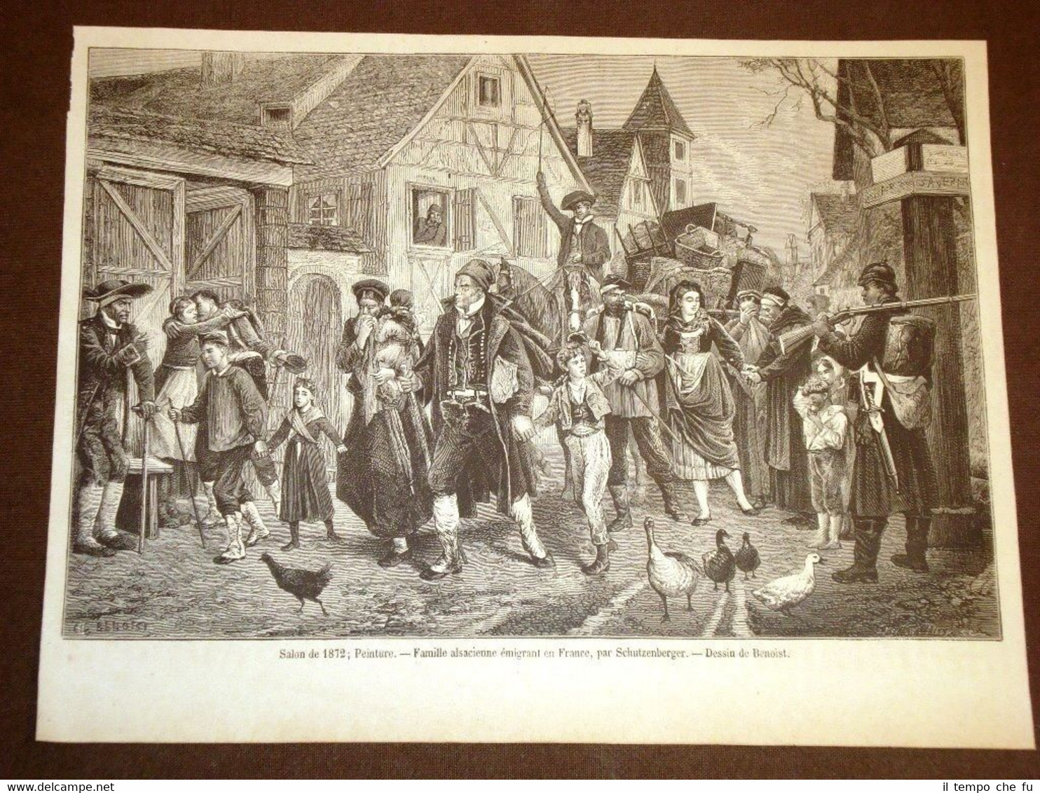 Gravure année 1872 Famille alsacienne émigrant en France Peinture Schutzenberger